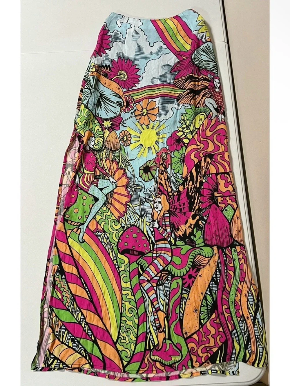 Current Mood Pink Trippy Mushroom Fairy Split-Leg Maxi Skirt Bottoms Size XXS 🍄✨